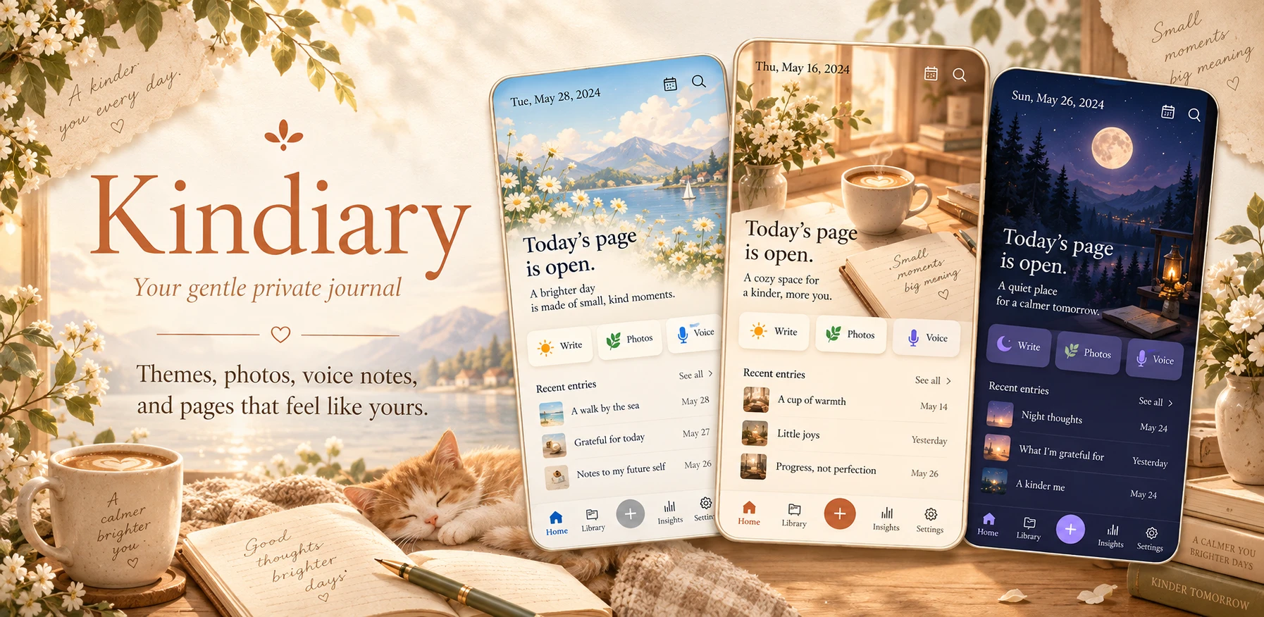 Kindiary open on three phones, showing a daytime page, a warm indoor page and a night page