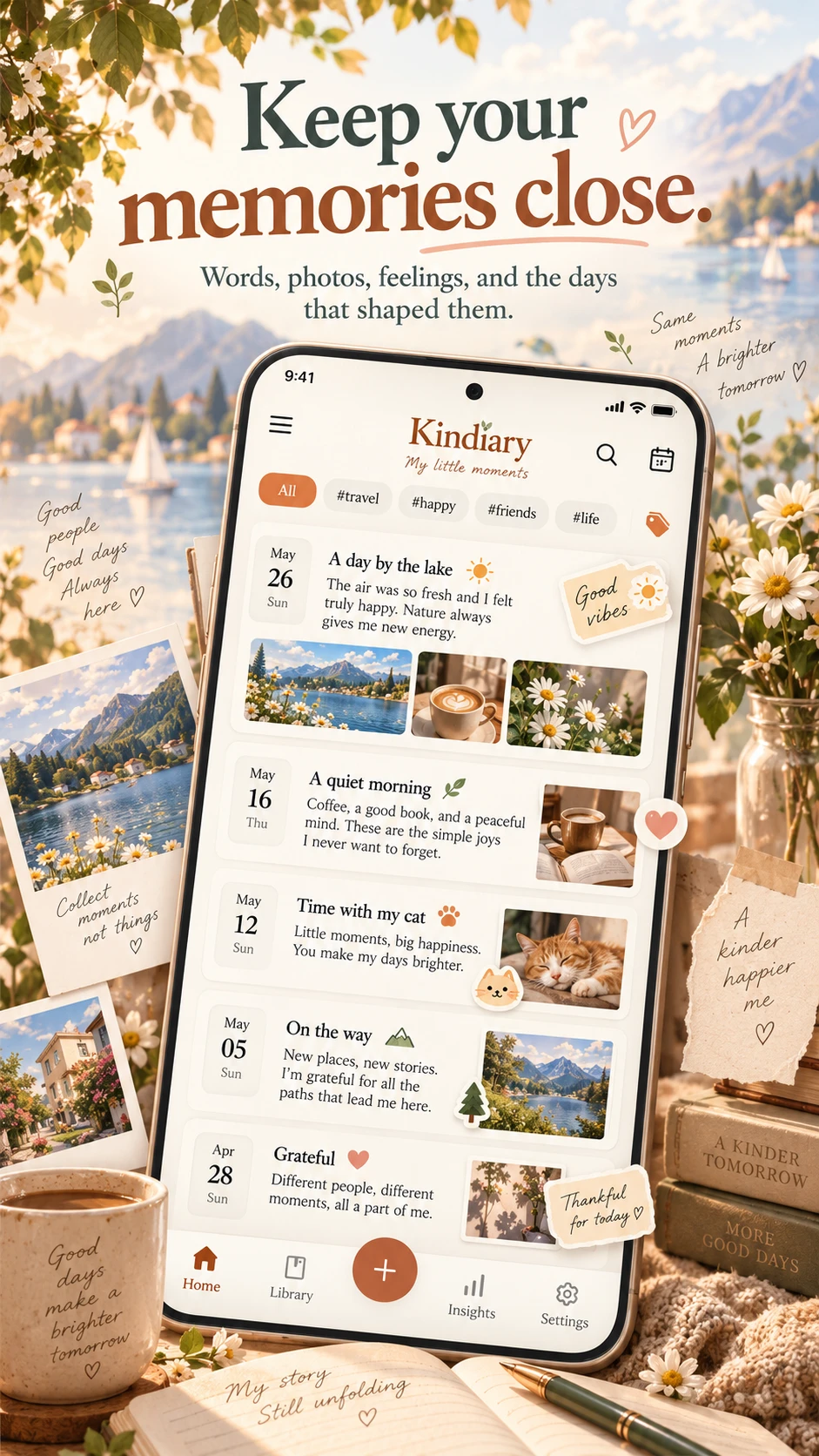 The Kindiary library, showing past entries with photos, dates and tags