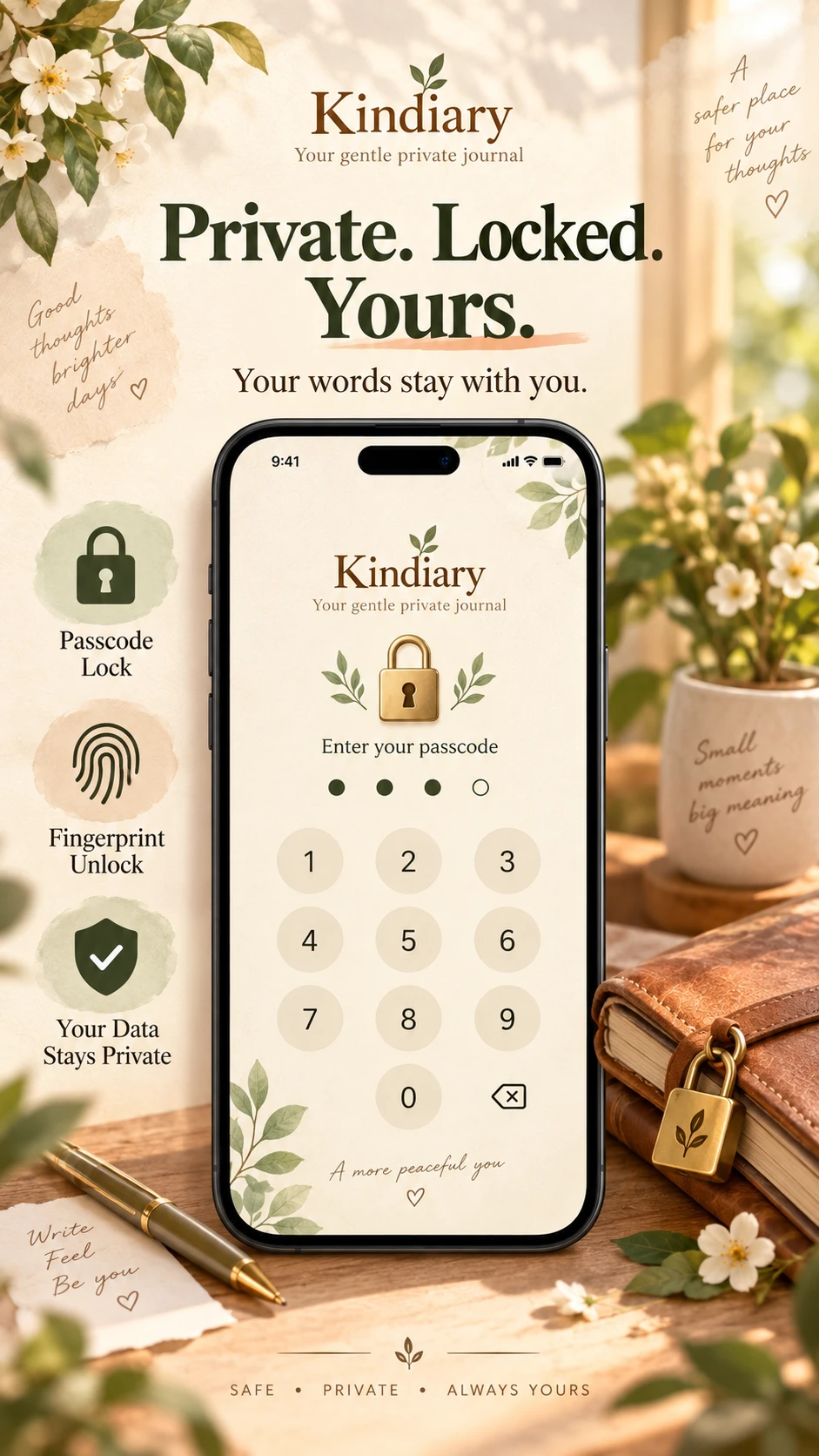 The Kindiary passcode screen, with fingerprint unlock