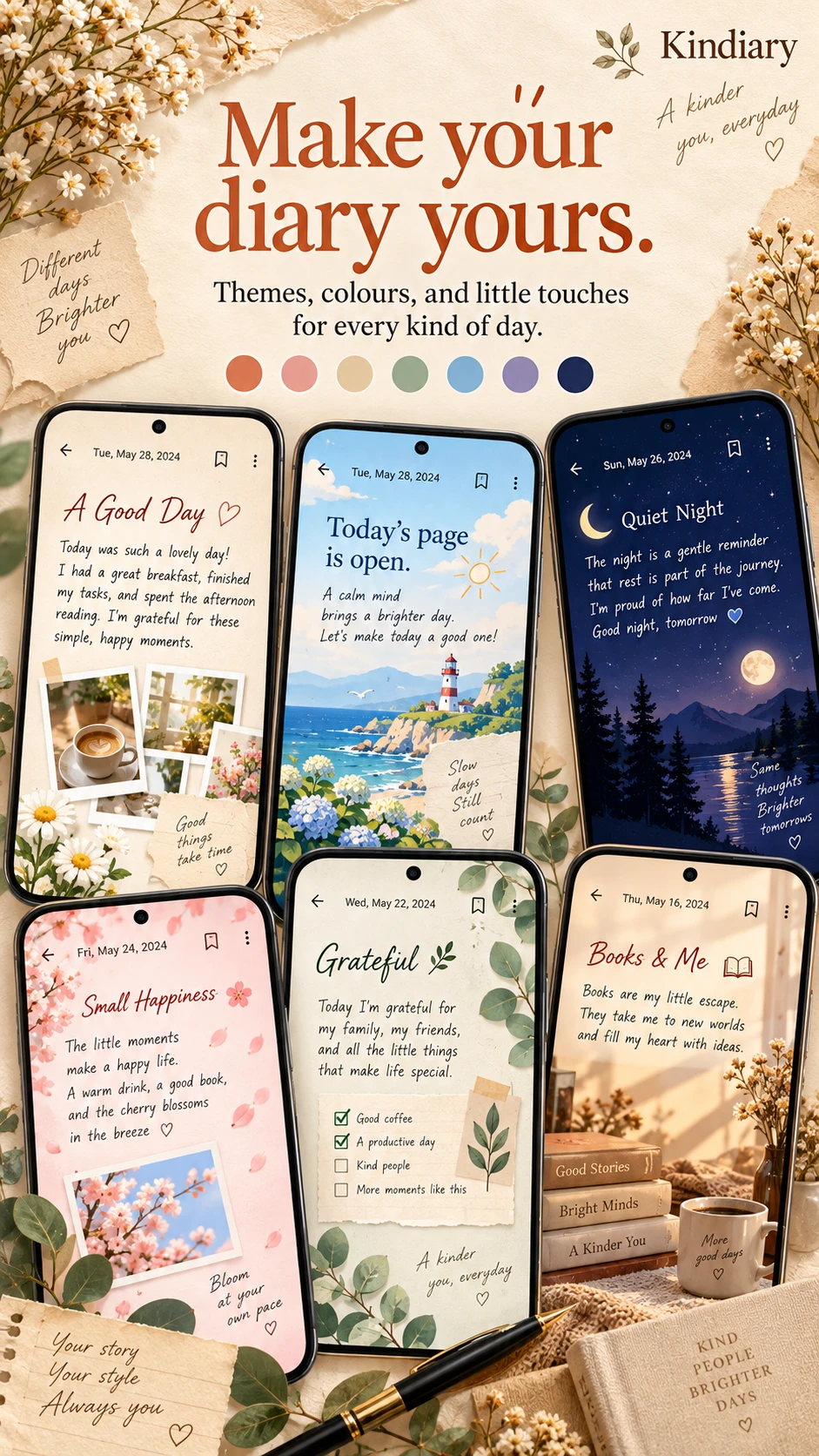 Six Kindiary pages in different themes, from cherry blossom to a starlit night