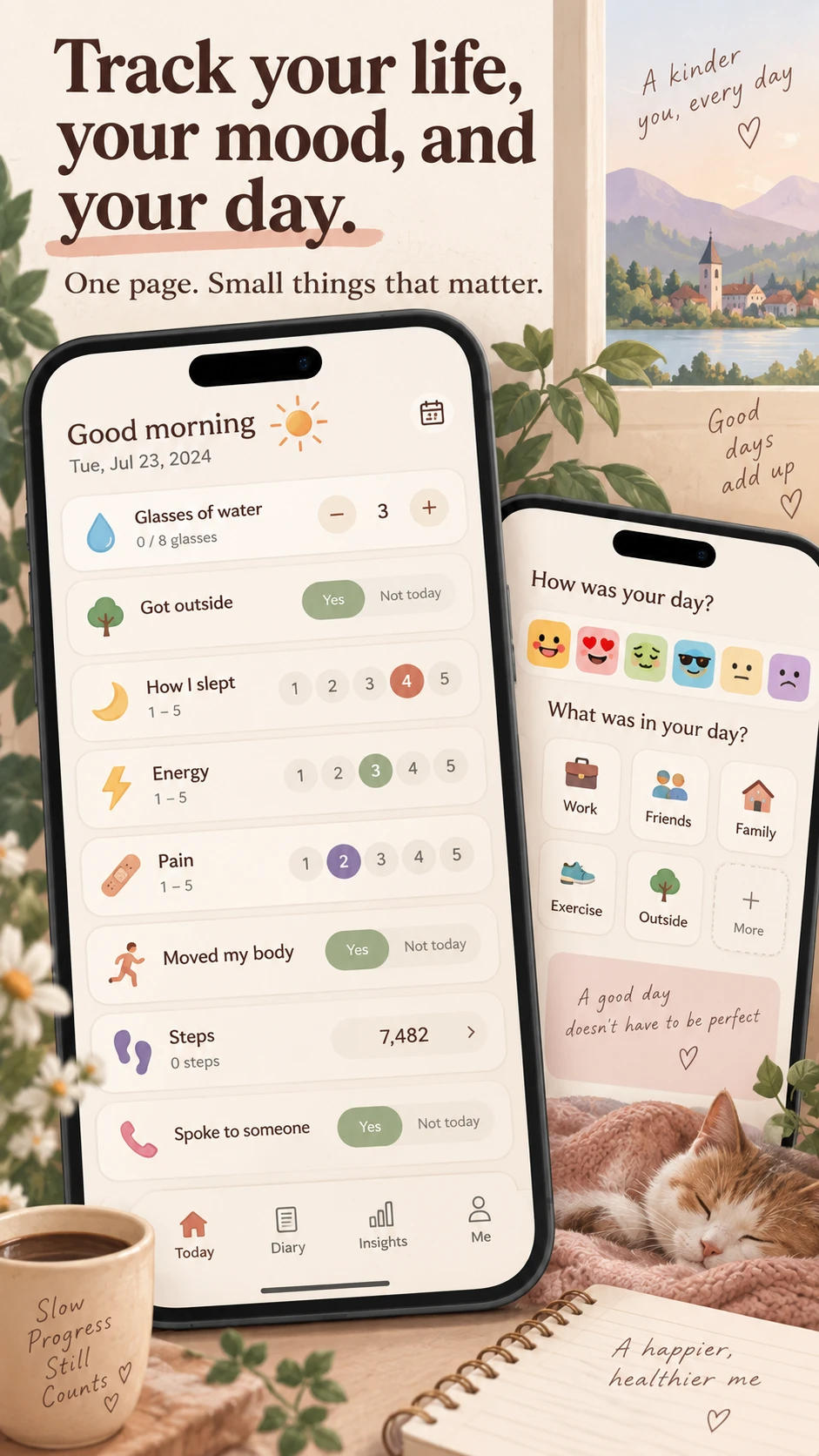 The Kindiary home screen with trackers for water, sleep and energy, beside the mood and activity picker